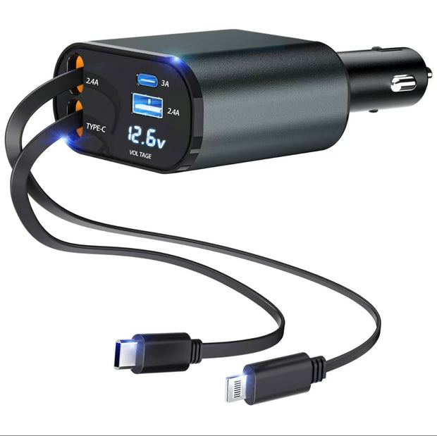 Premium 4-in-1 Retractable Car Charger Adapter 120W