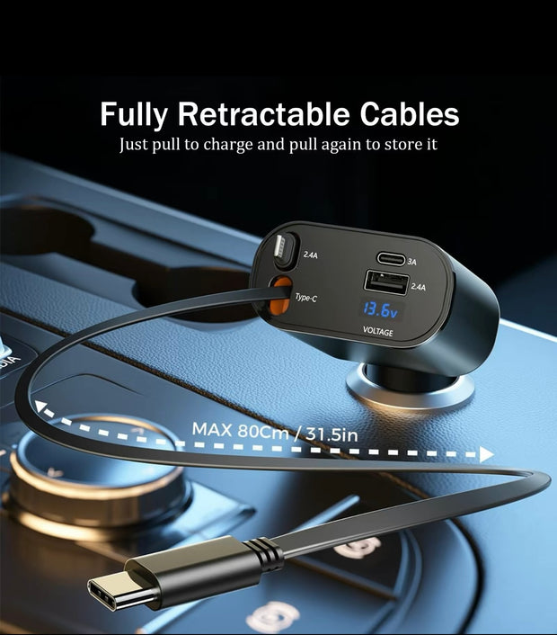 Premium 4-in-1 Retractable Car Charger Adapter 120W